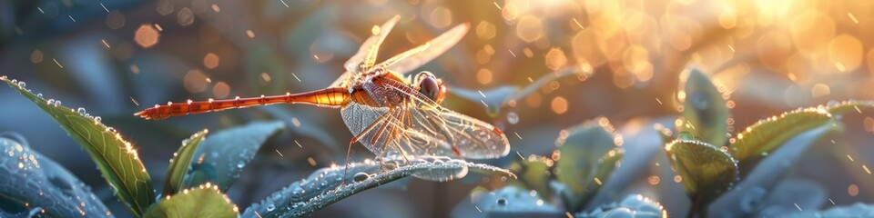 A Delicate Dragonfly Resting on a Dew Covered Leaf in the Morning Light - Powered by Adobe