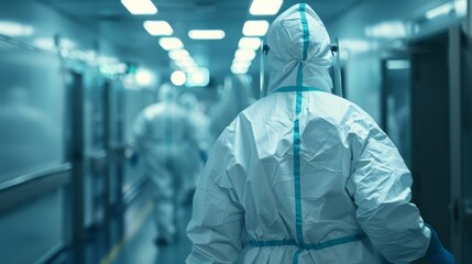 A busy hospital corridor filled with medical personnel in protective gear rushing to treat patients infected by the epidemic.