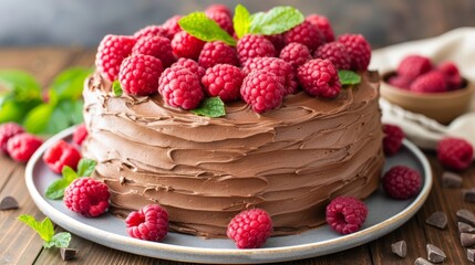   A chocolate cake with chocolate frosting, placed next to fresh raspberries and mint leaves, adorned with additional chocolate chips