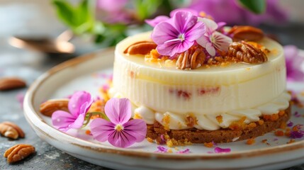   A white plate bears a slice of cake, crowned with white frosting Atop the frosting sit purple flowers and scattered pecans