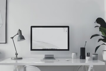 Fototapeta premium A designer s minimalist workstation with a computer screen showing a lightthemed UI design app