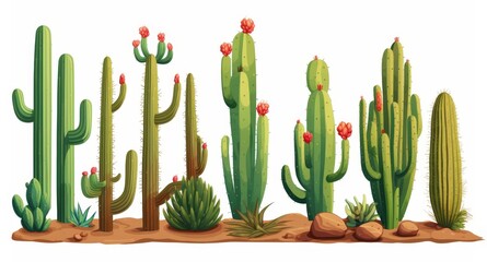 Vibrant illustration of various cacti with blooming flowers set in a desert landscape.