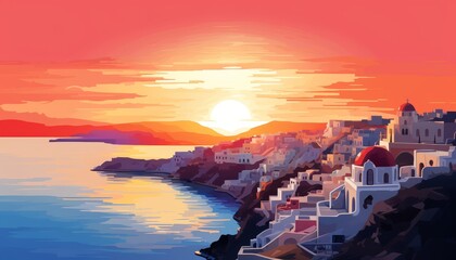 Naklejka premium Santorini island, Greece. Amazing sunset over the caldera.