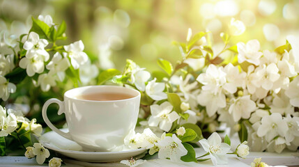 Cup of tea beside.a cheerful bouquet of white jasmine flowers.