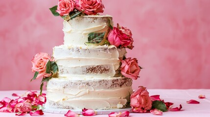   Three-tiered cake with pink blooms on a white tablecloth Pink wall serves as backdrop