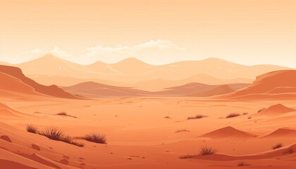 The image shows a vast desert landscape with mountains in the distance