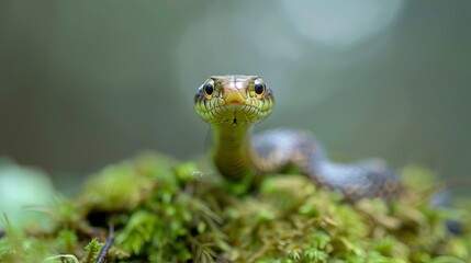 Obraz premium A baby Naja sputatrix snake is shown on moss in a position ready to attack, offering a close-up view of this Naja snake.