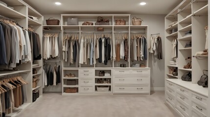 modern minimalist luxury dressing room with clothes and shelf. close up - Powered by Adobe