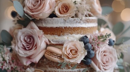   A tight shot of a multi-layered cake topped with blooms and below, frosted base