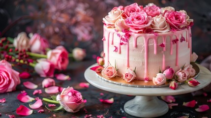  A tight shot of a cake on a plate, adorned with pink flowers at the edge and scattered pink petals alongside