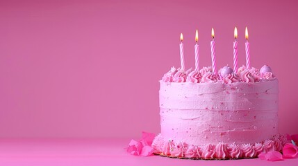   A pink background features a birthday cake with pink frosting and roses