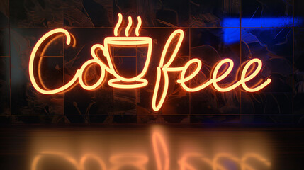 Coffee name board made of very beautiful neon light. A billboard lit up at night.