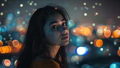 A dreamy portrait of a woman with city lights creating a sparkling bokeh background at night