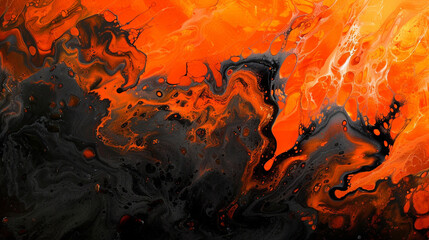 Deep orange and charcoal black abstract painting using alcohol ink. Highly-textured, oil paint...