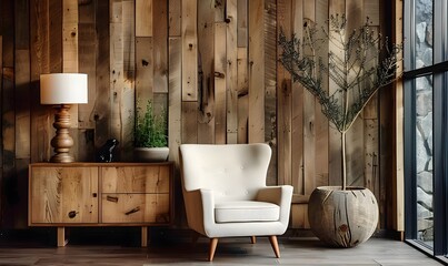 Armchair and wooden cabinet near wooden planks paneling wall. Loft interior design of modern living room, home.