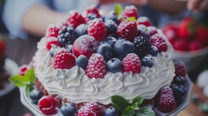   A cake topped with raspberries and blueberries on a platter