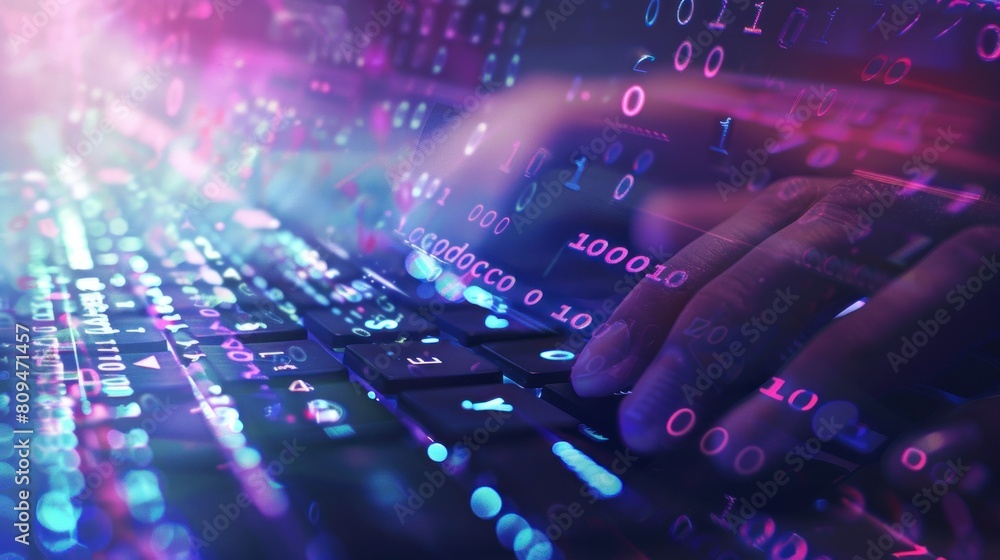 Poster hands typing on computer keyboard, with abstract code, online cyber attack, hack, threats and breach