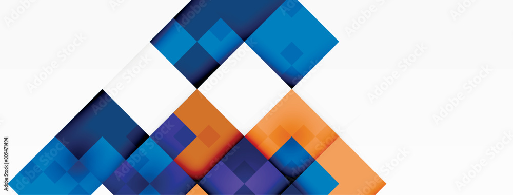 Poster a colorful geometric artwork featuring a triangle composed of vibrant blue and orange squares on a w
