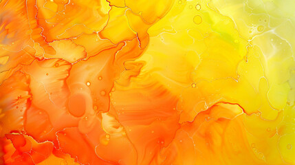 Glowing neon orange and bright yellow abstract painting, fiery alcohol ink flow with textured oil...