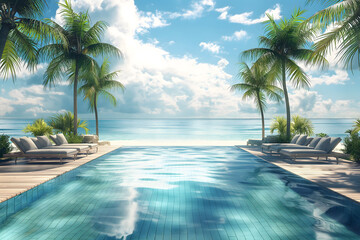 An infinity pool with modern loungers under palm trees, blending into a vast ocean under a sunny sky