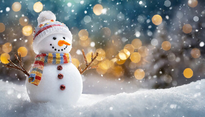 Obraz premium Christmas winter background with snowman in snow and blurred bokeh background. Merry Christmas 