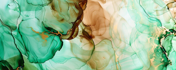 High-quality abstract painting with alcohol ink in shades of mint green and rich brown, oil paint...