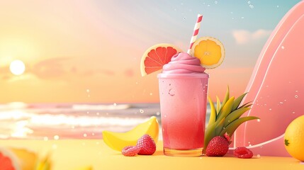 A creative summer fun concept design presents a landscape panorama of the sea and beach on a smoothie shake glass, perfect for post templates.