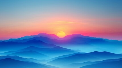  A sunset painting over a mountain range with the sun rising above the mountains' horizons