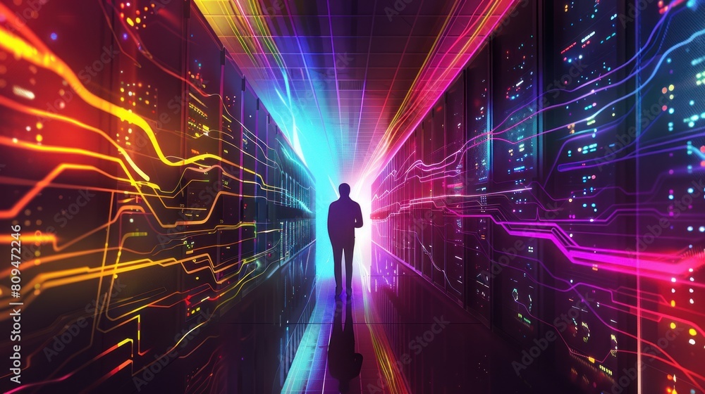Poster man standing in server room of large data center. computer engineering and big data concept