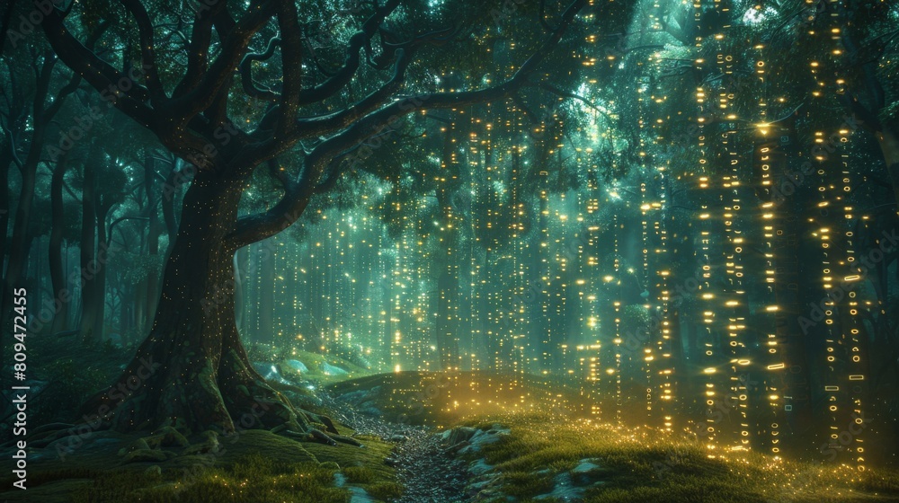 Poster imaginative scene blending elements of nature with quantum computing, like a forest with data stream