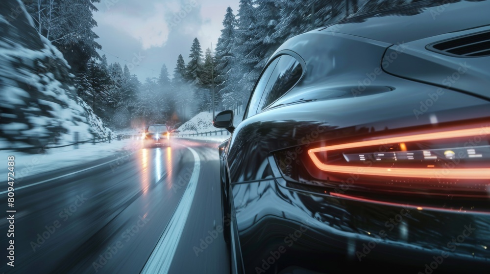 Poster intense scene of a car automatically stopping to avoid a collision, in a dramatic, action-packed sty