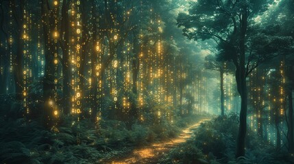 imaginative scene blending elements of nature with quantum computing, like a forest with data streams and glowing qubits, in a surreal style