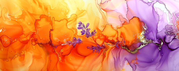 Hot orange and cool lavender alcohol ink painting, abstract with detailed oil textures.