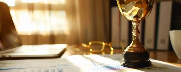 A golden trophy placed on a table beside financial reports, symbolizing awardwinning performance