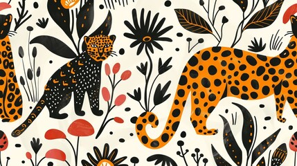 A hand-drawn abstract pattern featuring leopards and various organic shapes creates a contemporary collage print, serving as a fashionable template for design.