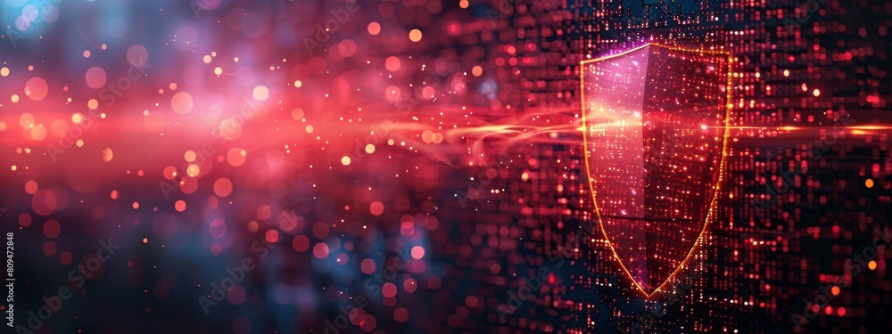 Poster cybersecurity firewall visualized as a digital shield protecting data, styled as minimalistic