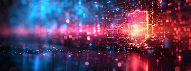 Obraz premium Cybersecurity firewall visualized as a digital shield protecting data, styled as minimalistic