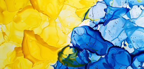 Lemon yellow and cobalt blue abstract background with alcohol ink and oil paint texture.
