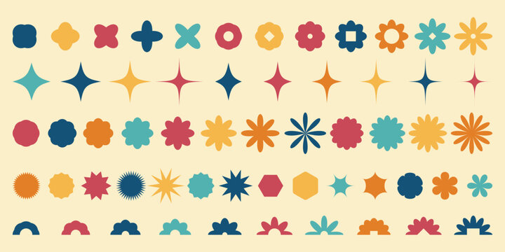 Abstract geometric y2k shapes and icons. Brutalist retro figure, flower and other primitive elements. Swiss design aesthetic. Vector art
