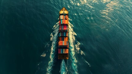 Aerial view of a cargo ship carrying containers sailing in the open sea. A barge carrying many colorful containers across the ocean surface at high speed, global business and shipping industry.