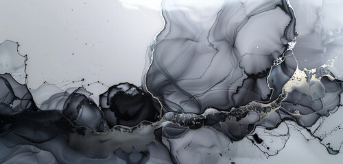 Luminous silver and dark charcoal abstract painting, alcohol ink style with oil paint textures.