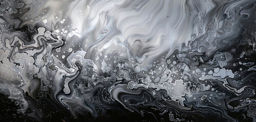 Luminous silver and dark charcoal abstract painting, alcohol ink style with oil paint textures.