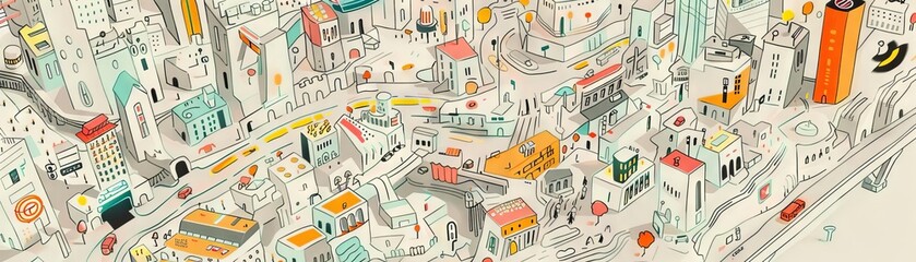 A handdrawn map of a city where roads are marked with milestones, leading toward the beacon of a futuristic vision