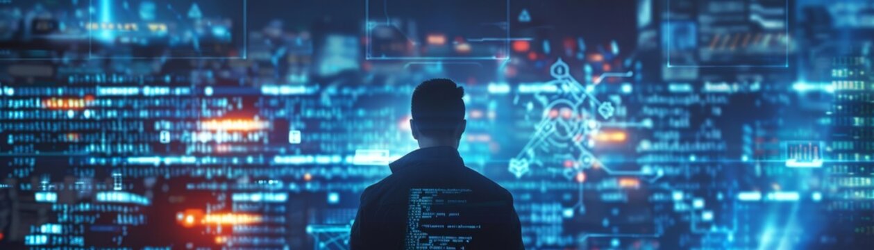 A hacker working on a new cybersecurity solution, screens glowing with code as he disrupts traditional defense