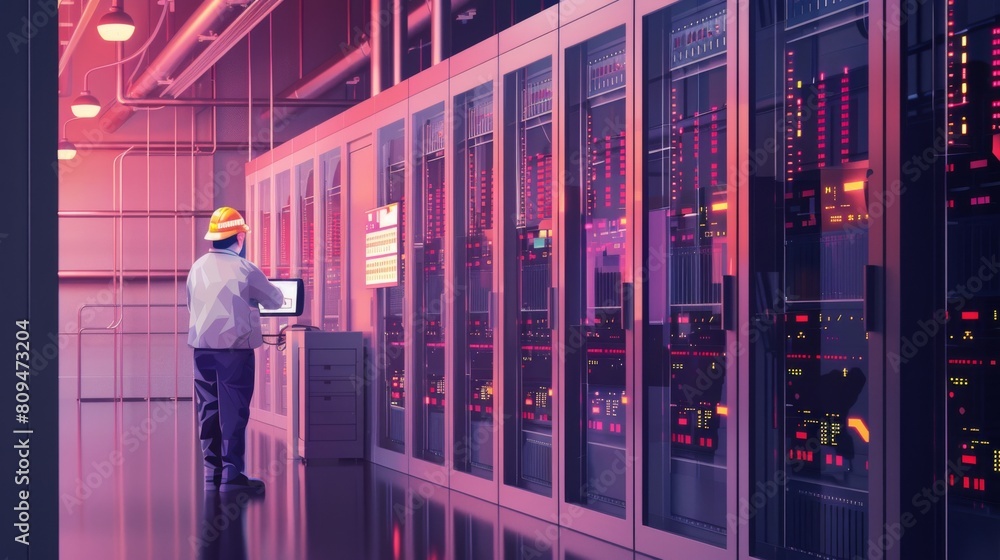 Poster depict a large-scale industrial battery array managed a sophisticated bms in a realistic style