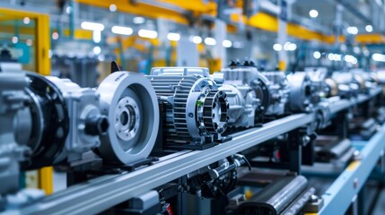 Naklejka premium Depict an assembly line of electric motors being installed in vehicles, highlighting the efficiency and cleanliness of the process