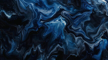 Midnight blue and black abstract painting, deep oceanic alcohol ink swirls with high-quality oil...