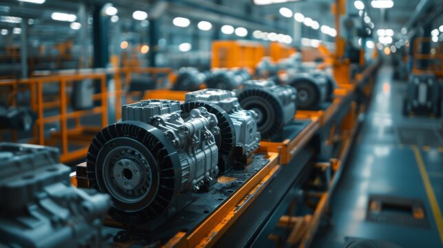 Depict an assembly line of electric motors being installed in vehicles, highlighting the efficiency and cleanliness of the process