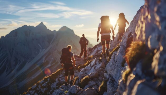 A leader climbing a mountain trail, their team following close behind, symbolizing leadership through example
