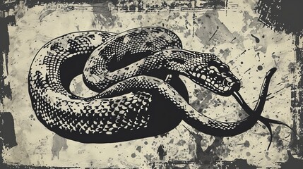 A hand-drawn vector illustration of a snake using ink technique, set against a grunge background, suitable for poster, sticker, and tee shirt designs.